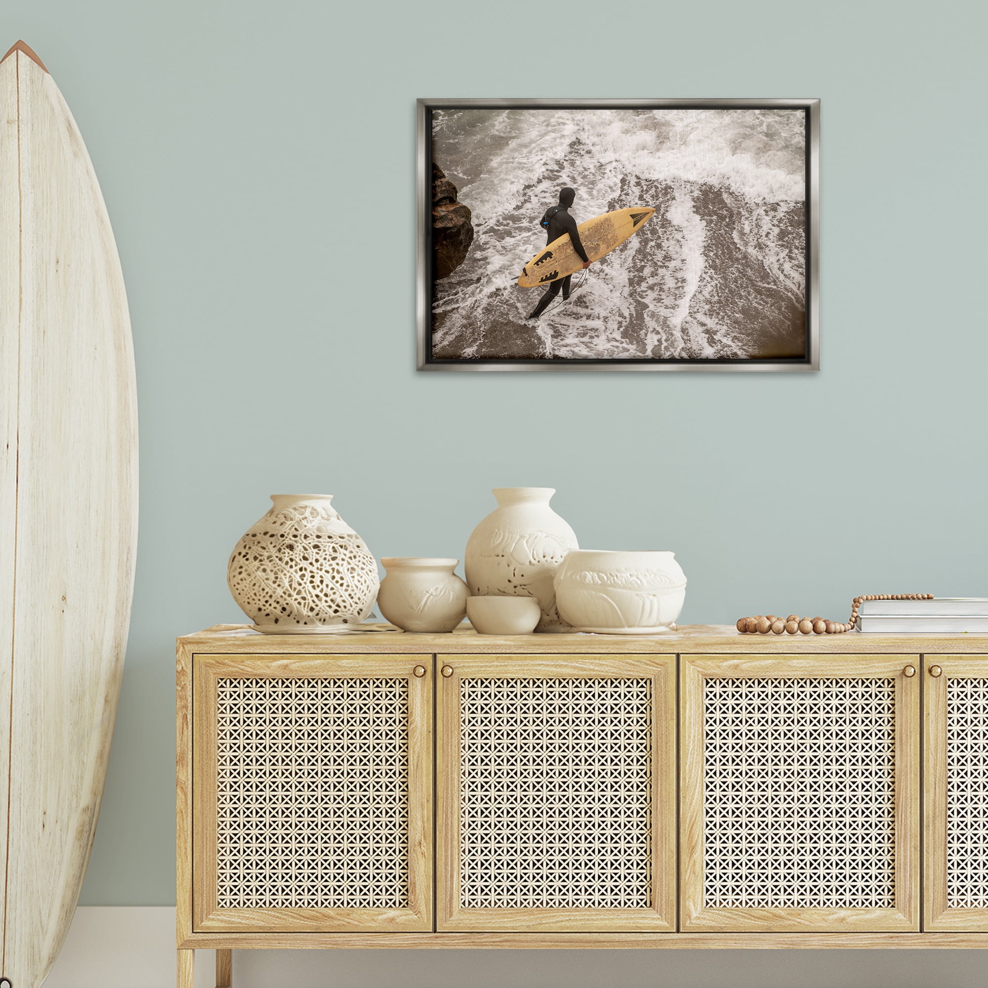 Stupell Industries Surfer Strolling Shore People Photography Gray Floater Framed Canvas Art Print Wall Art, 31 x 21