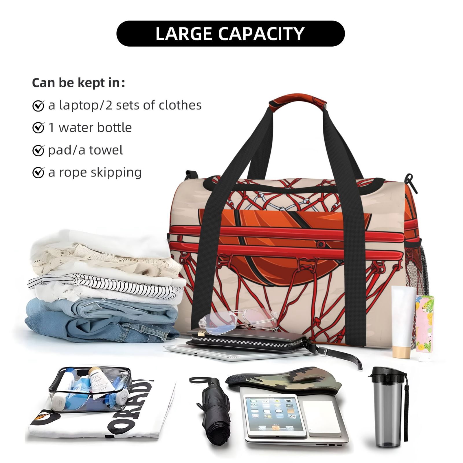 Defioc Basketball Shot Print Hand Travel Bag - Foldable Travel Duffel Bags for Men Women -Sport Gym Bag - Overnight Travel Duffel Bag - Adjustable Shoulder Strap