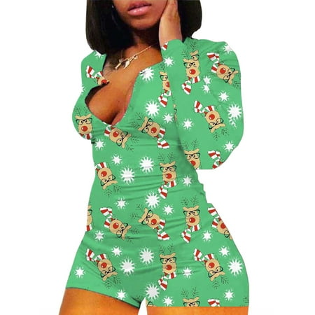 

Bowanadacles Women Christmas Print Romper Jumpsuit Xmas Pajamas Sleepwear