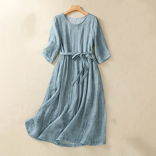 Fartey Robes d'Été pour Femmes à Moins de 10 $ Coton Lin Manches 3/4 Robe Midi Couleur Unie Col Ras du Cou Cordon de Serrage Robes Quotidiennes pour la Maison Légères Fluides Robe de Plage