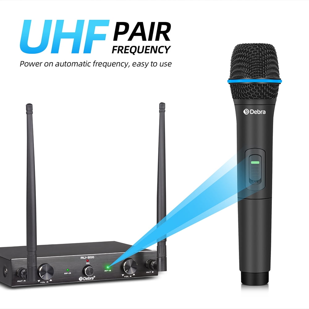 D Debra Audio AU200 Pro UHF 2 Channel Wireless Microphone System with Cordless Handheld Lavalier Headset Mics, Metal Receiver, Ideal for Karaoke Church Party (2 Handheld)
