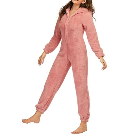 

AvoDovA Women Plush Jumpsuit Romper Pajamas Coral Velvet Long-Sleeve Zipper Hooded Sleepwear Female Clothes Pink S