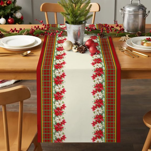 Table Runner 36 Inches Long - Christmas Red White Flowers Decorative Table Scarf, Red Green Plaid Dining Table Runners for Wedding Party Kitchen Dining Tables