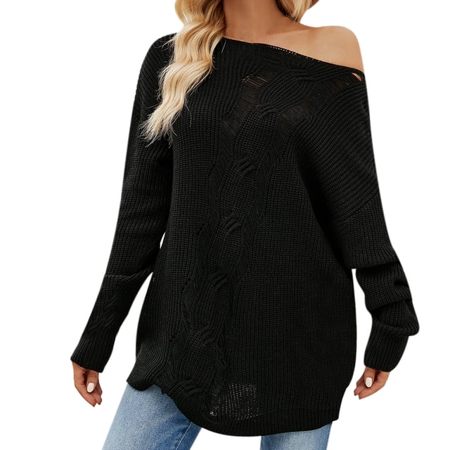 Gibobby Suéter Abrigo Mujer Suéter de punto con cordón de color a la moda para mujer: suéter holgado (Negro, S)