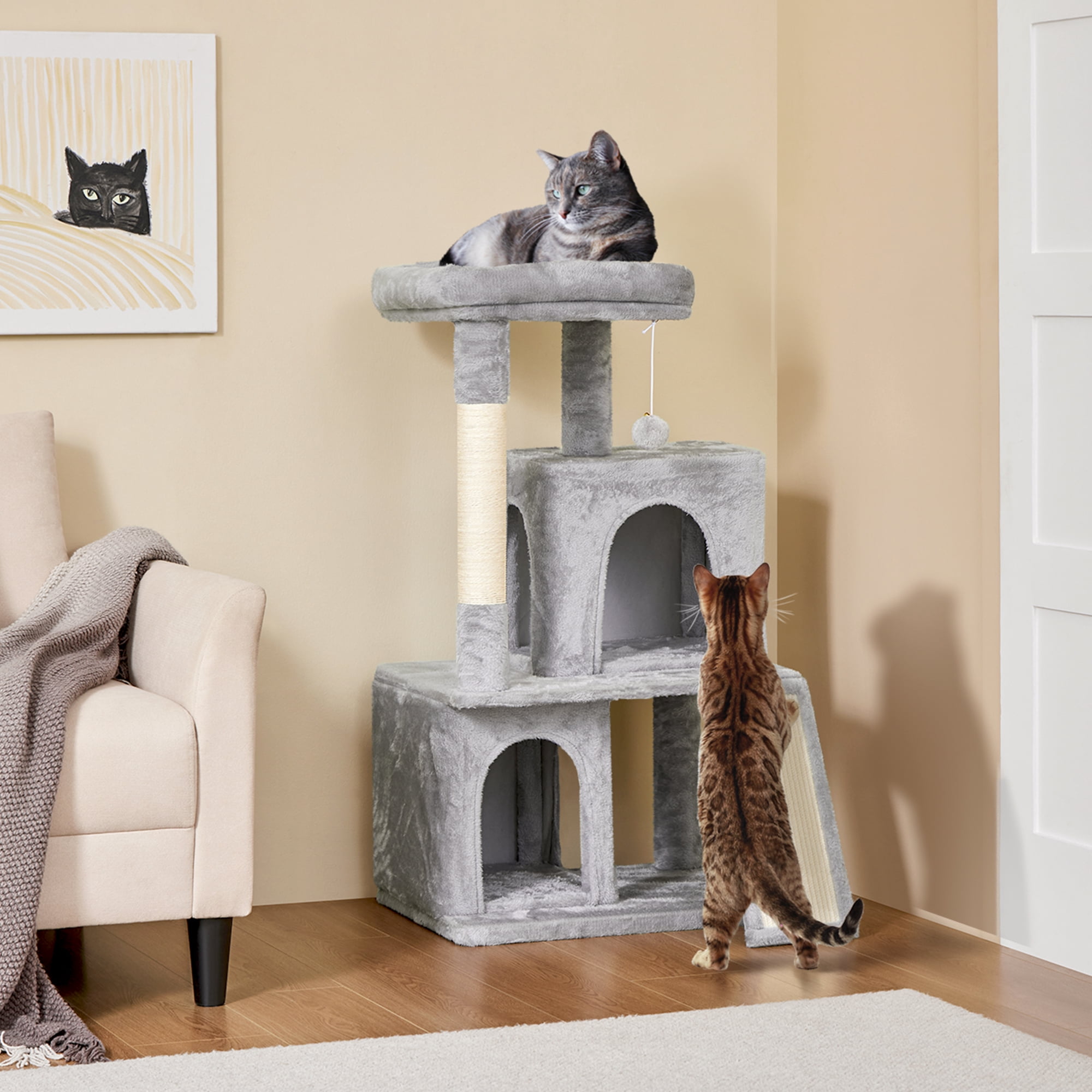 Alden Design Multilevel Cat Tree Tower with Double Condos Top Platform Perch, Light Gray