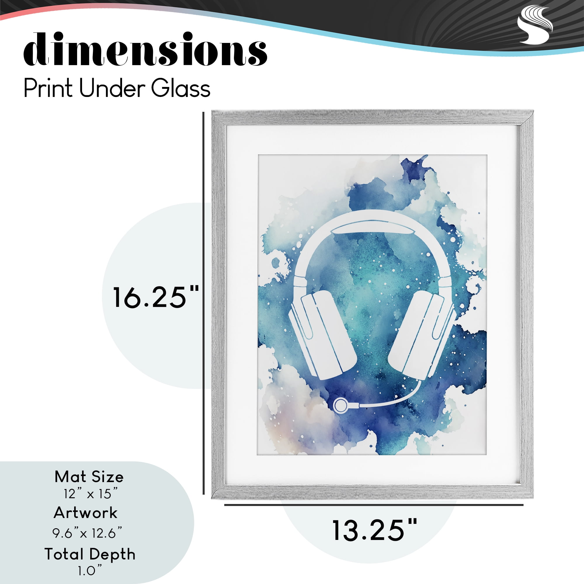 Blue Headphone Splatter Gray Framed Print Under Glass, design by Marcus Prime
