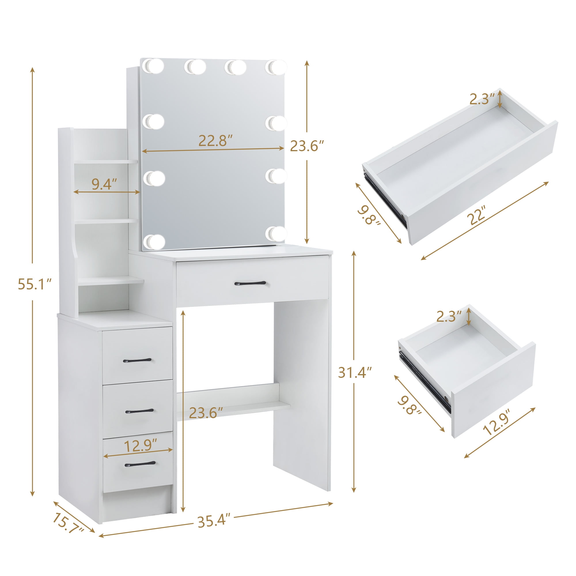 Yamissi Vanity Desk with Lights Makeup Table with Slidable Mirror Modern Dressing Table with Drawers & Cabinet, White