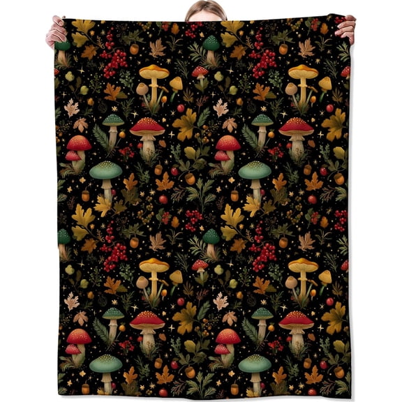 Fall Mushroom Blanket, Lightweight Cozy Flannel Throw Blankets, Colorful Plant with Starry Night Woodland, Rustic Autumn Throws for Couch Bed Living Room, 50x40inch, Gifts for Nature Lovers