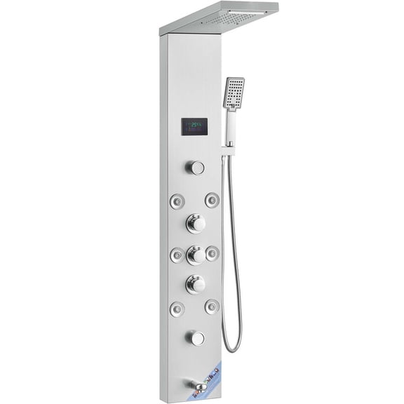 53 in. 8-Jet Rainfall Shower Panel System with Waterfall Shower Head and LED Light in Brushed Nickel