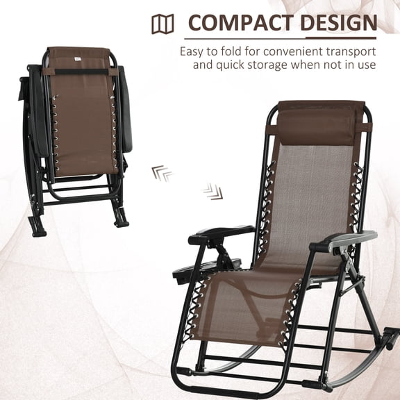 Patio Furniture Outdoor Rocking Chairs, Foldable Reclining Zero Gravity Lounge Rocker w/ Pillow, Cup & Phone Holder, Combo Design w/ Folding Legs, Brown,Patio Chairs