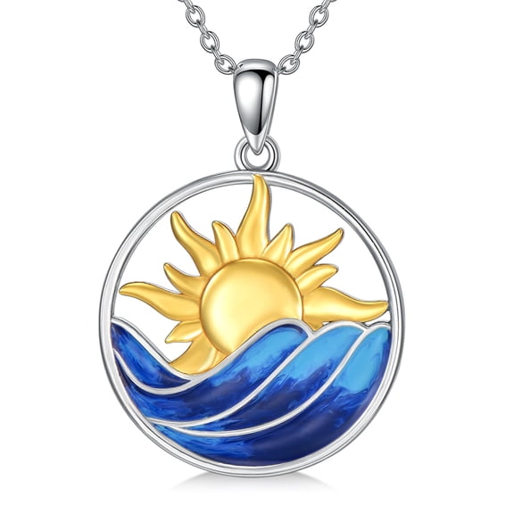 YAFEINI Waves with Sunrise Sunset Charm Necklace 925 Sterling Silver Boma Sun Pendant Necklace Sun and Wave Jewelry Mother's Day Gift for Mom Wife