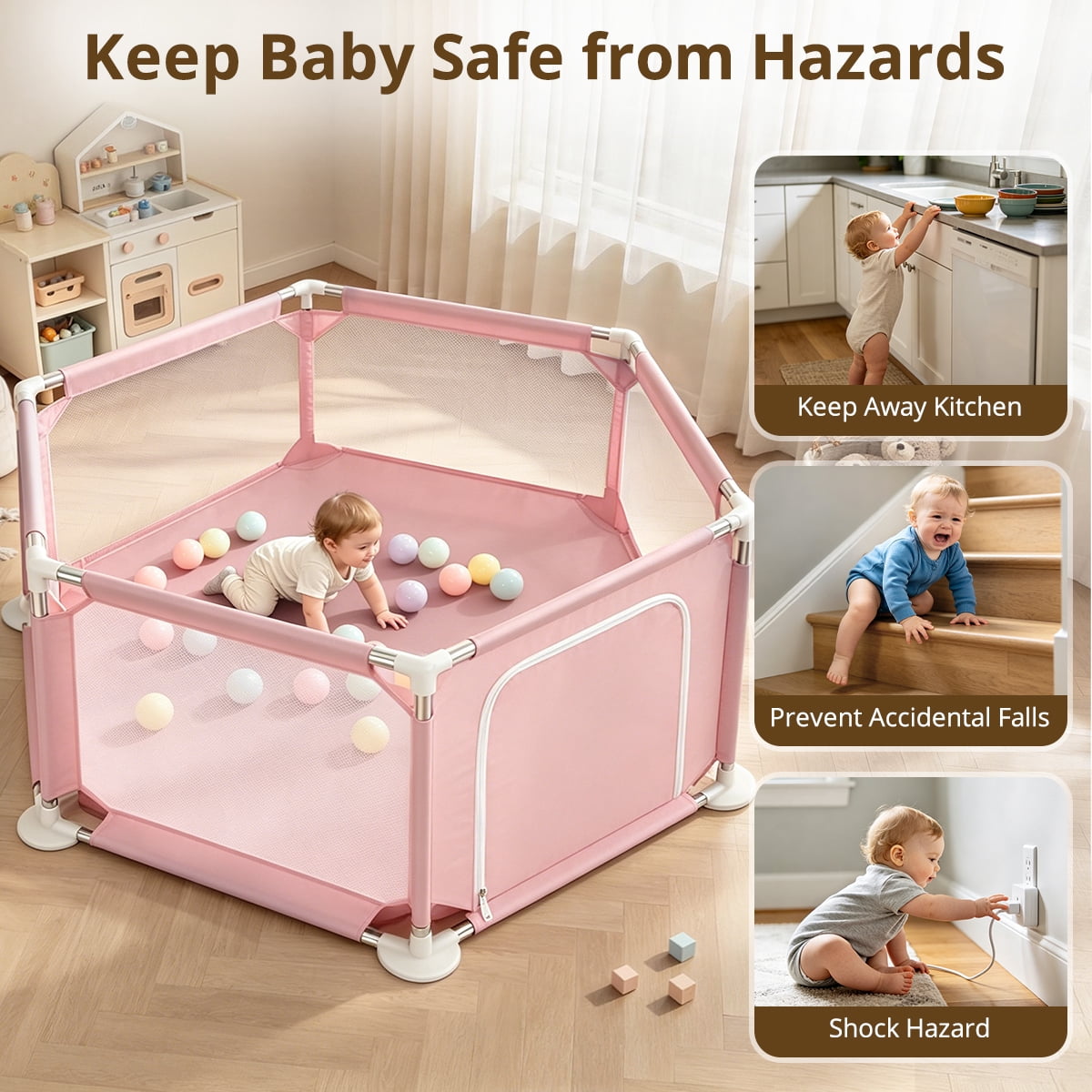 Baby Playpen, Travel Baby Playards, Baby Play Yard, 6Panels Portable Infant Play Game Area,Pink
