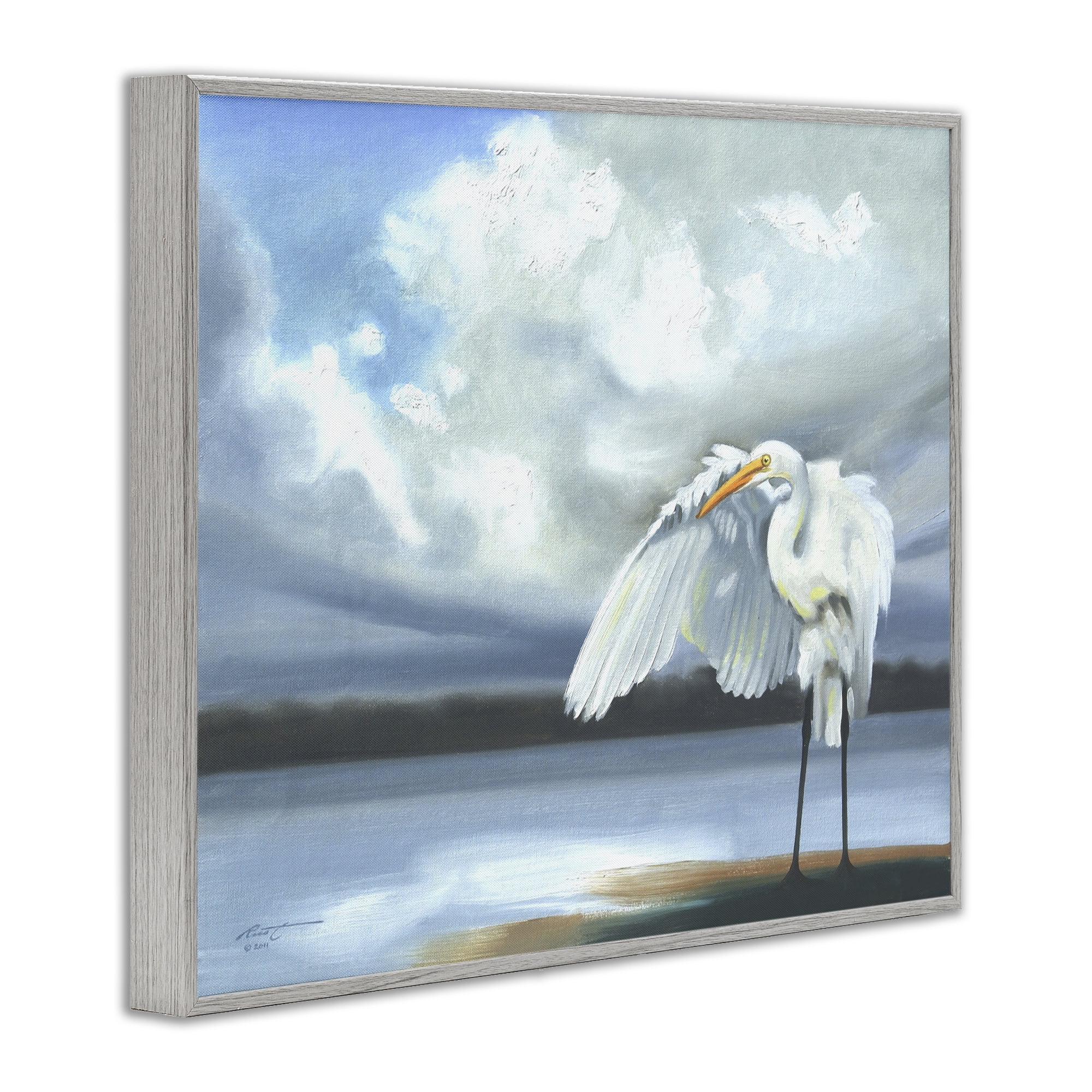 Stupell Industries Egret on Cloudy Beach Shore Animals & Insects Painting Gray Framed Art Print Wall Art, 14 x 11