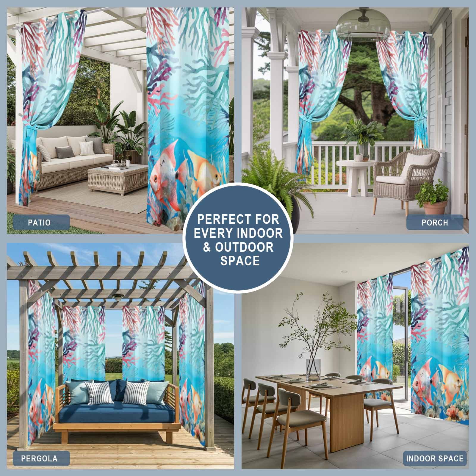Summer Fish Outdoor Curtains for Patio, Nautical Watercolor Orange Red Blue Marine Life Coral Seaweed Sunshade Privacy Drapes Grommet Waterproof Outside Curtains for Porch Balcony 54"x108", 1 Panel