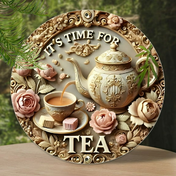 1pc Vintage Tea Time Aluminum Round Sign - Decorative Metal Plate Wall Art for Home, Dining Room, Cafe & Kitchen Decor
