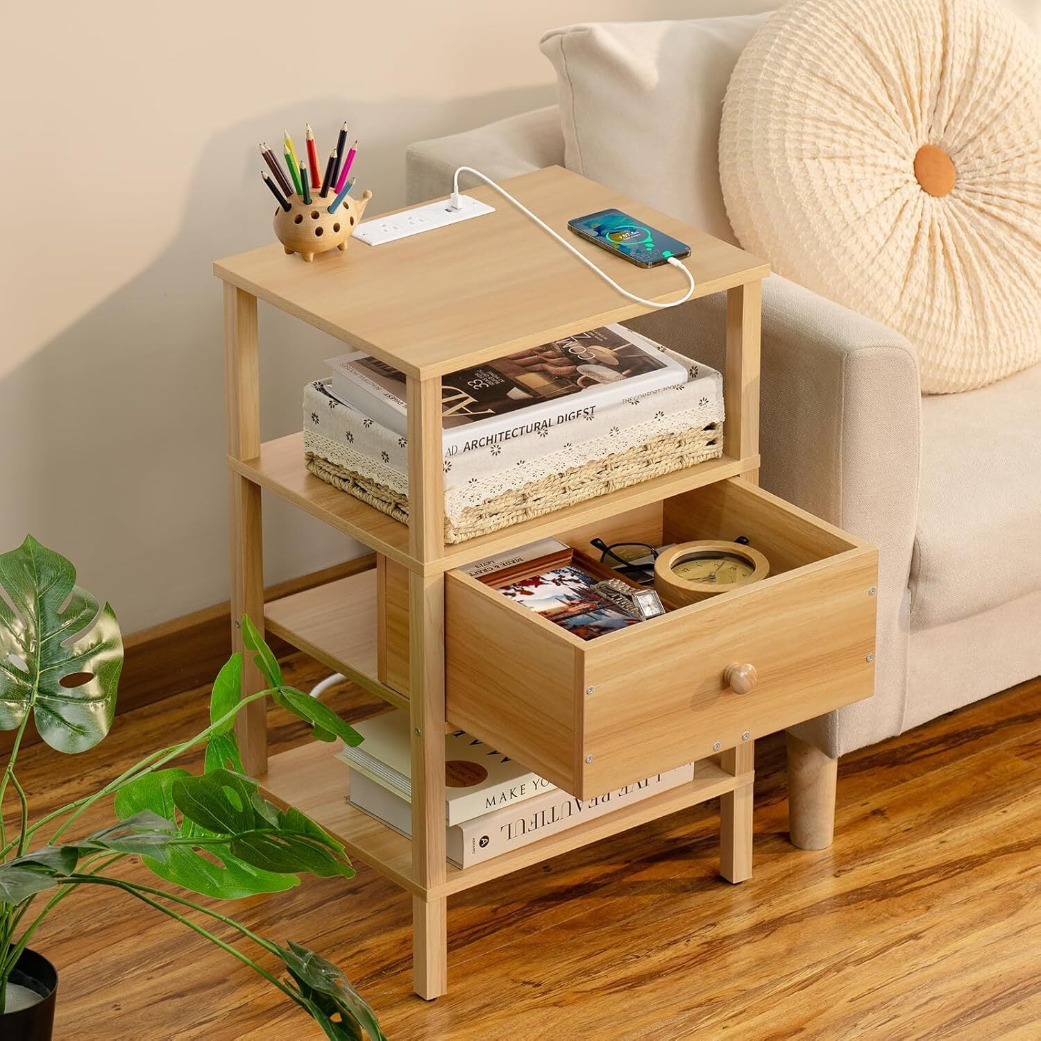 LEYAOYAO End Table with Charging Station, Wood Thin Side Table for Living Room Bedroom, Farmhouse Natural Oak