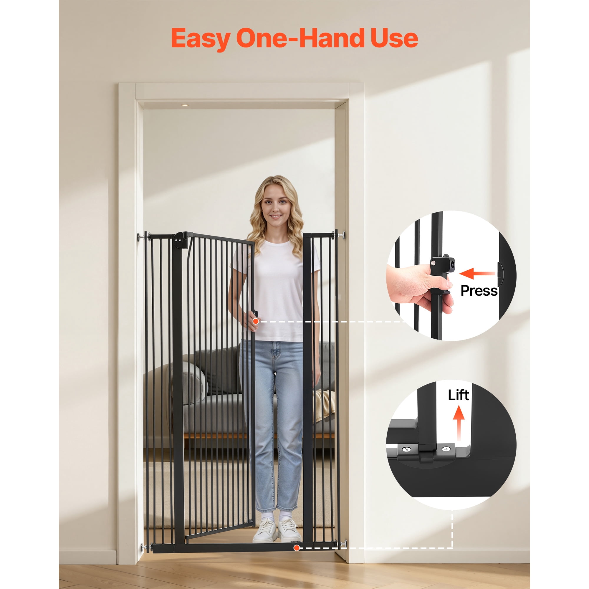 KFFKFF Extra Tall Pet Gate for Cats, Adjustable Width 29-41 in, 56 in High Dog Gate, Includes Pressure and Wall Mount Kits, 1.3 in Narrow Bar Spacing, Suitable for Stairs, Doorways,and Home Use,Black