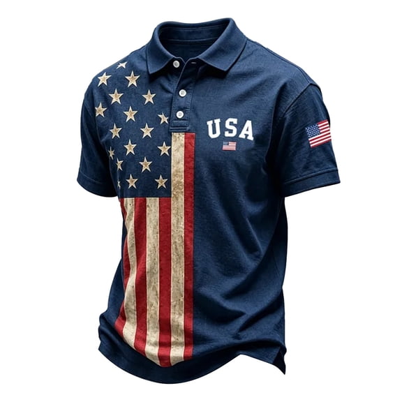 Men's Loose Fit Short Sleeve Polo Shirt, USA Patriotic America Flag Graphic Collared Knit Top, Casual Summer Top for Independence Day(Blue,XL)