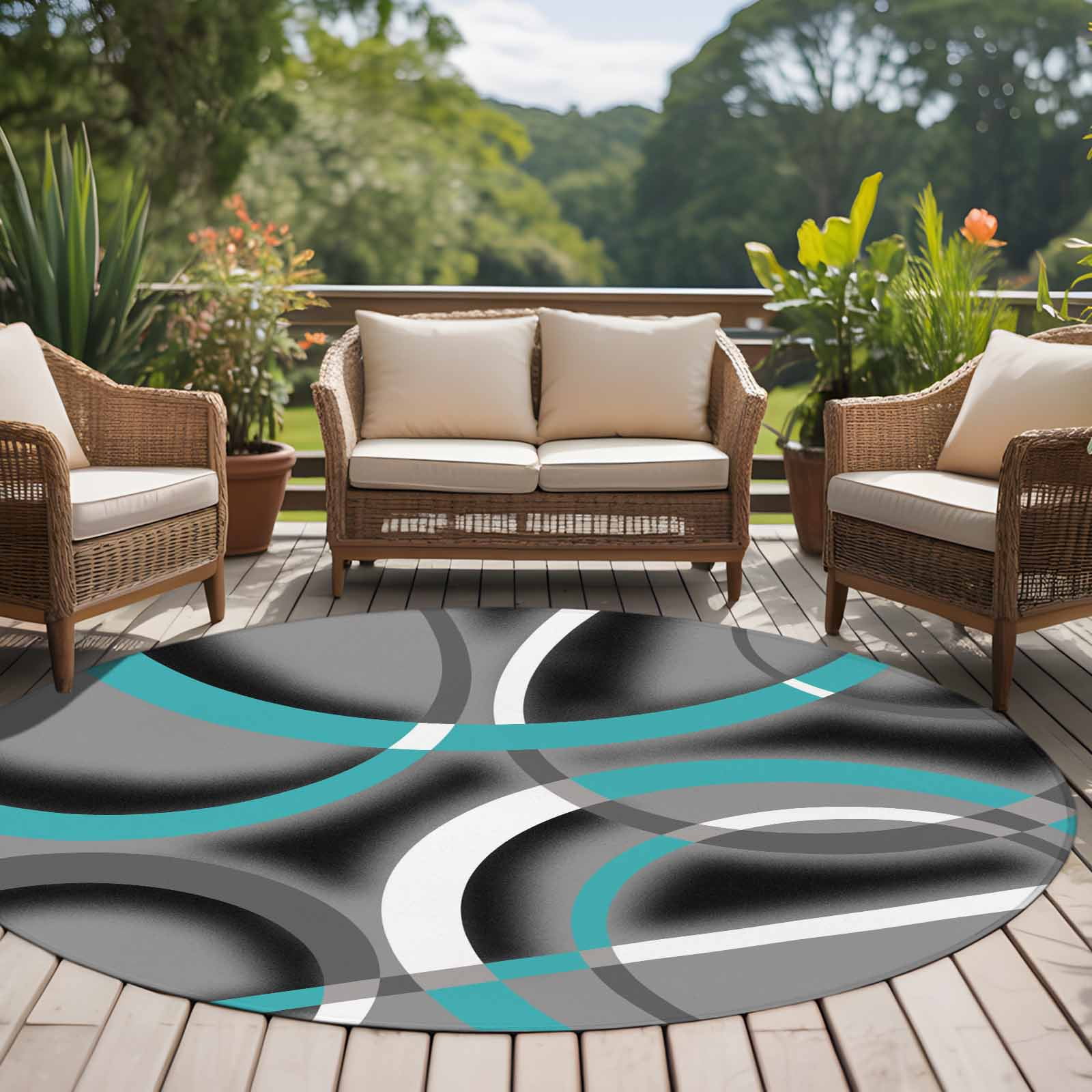 Modern Abstract Art Round Living Room Rugs 5 ft, Retro Blue Grey Geometric Circle Washable Area Rug with Non-Slip Sturdy Edge Binding Round Carpet for Entryway Kitchen Bedroom Bathroom