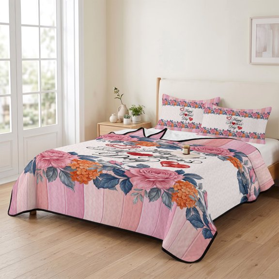 Mother's Day Pink Flowers Love 3 Pieces Quilt Set,1 Quilt with 2 Shams,Farmhouse Wooden Plank Bedspread Soft Lightweight Bedding Coverlet Comforter Set for All Season 90"x96"