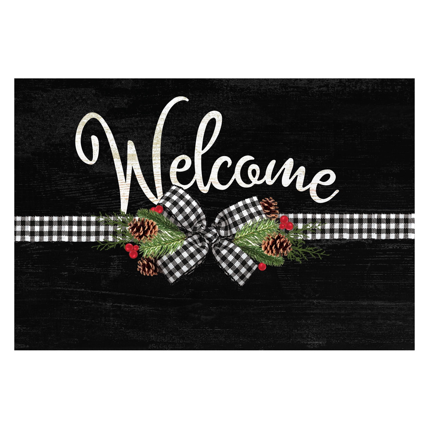 Personalized Planet 27x18 Plaid Christmas Bow and Pine Welcome Doormat with Custom Personalization Printed on Black Rectangular 1/8” Thick Non Slip Mat for Kitchen Hallway Deck or Porch