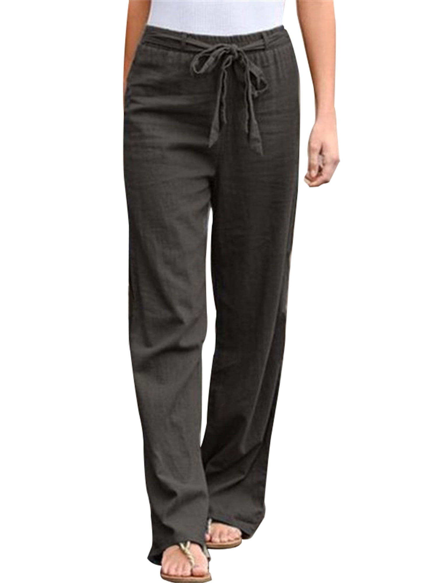 UKAP - Women Comfy Mid Waist Wide Leg Linen Pants with Pockets Leisure Lounge Wear Trousers Work