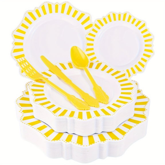 ​​150-Pack Yellow Plastic Tableware Set | for 30 Guests with Plates & Utensils | Ideal for Birthdays, Weddings & Daily Use​​
