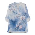 thumbnail image 3 of FKELYI Oriental Flower Print Women's Blouse Faux Linen Summer Shirt 3/4 Sleeve with Roll Up Design Casual Side Slit Hem Top Beach Vacation Outfits Tees, S, 3 of 5