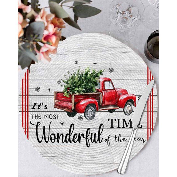 13 Inch Round Placemats Set of 6, Christmas Non Slip Heat Insulation PP Table Mats, Xmas Truck Tree Snowflake Red Striped Retro Washable Place Mats for Kitchen Dining Party Table Decor