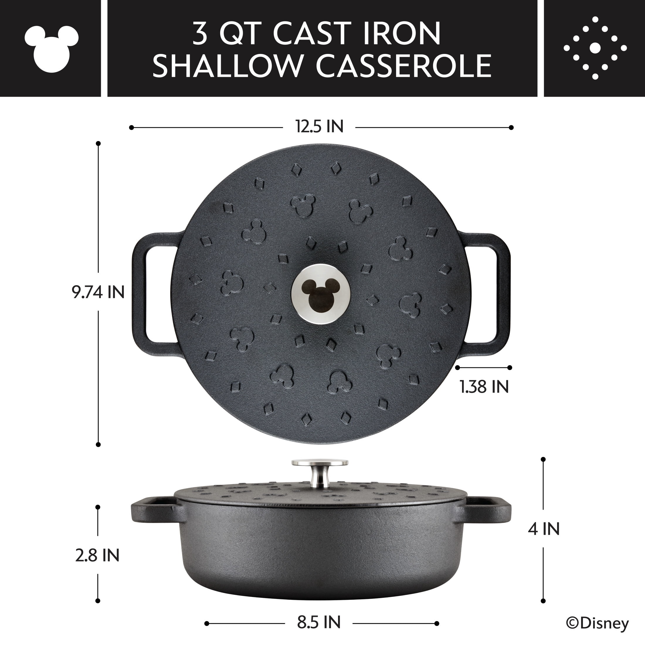 Farberware Disney Mickey Mouse Monochrome 3 Quart Cast Iron Shallow Casserole, Black