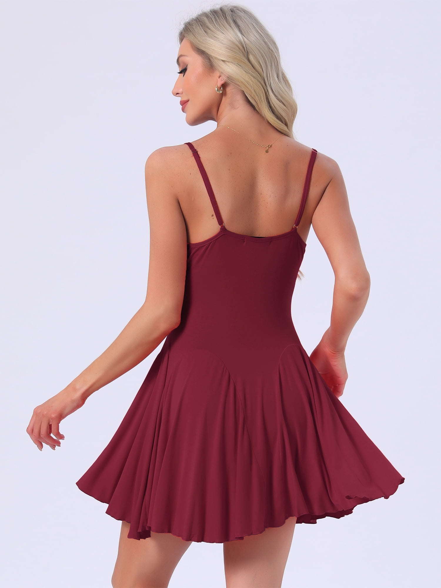 DARING DIVA Women's Nightgown Ruffle Spaghetti Strap Babydoll Chemise Dress XS Wine Red