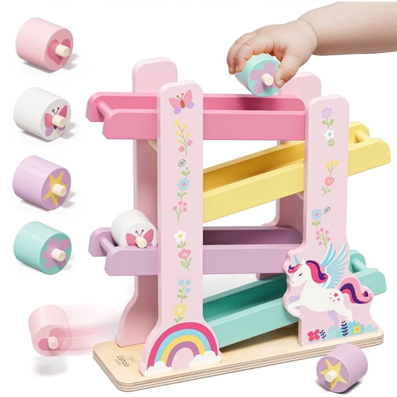 Car Ramp Toy, Toys for 1 Year Old, Wooden Car Ramp Toy with 4 Rollers, Unicorn Wooden Toy for Toddler 1-3 Year Old, Montessori Learning Toys for Kids Birthday Gifts