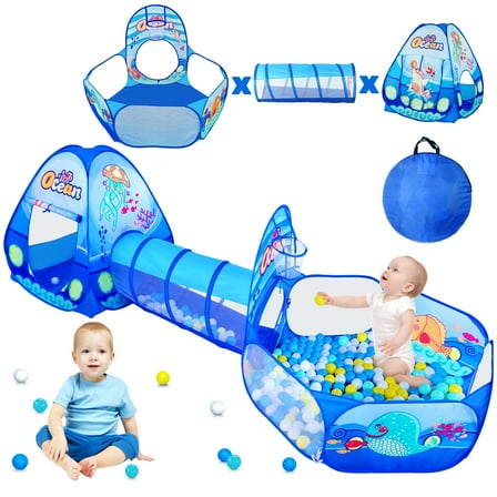 PigPigPen 3pc Kids Tunnel Tent with Baby Ball Pit for Toddlers Boys Indoor Outdoor Pop up Playhouse