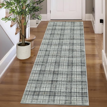 2'x10' Washable Soft Plaid Traditional Tartan Runner Rug - Non Shedding, Non Slip, Stain Resistant Carpet for Living Room, Bedroom, Nursery, Office, Machine Washable, Green