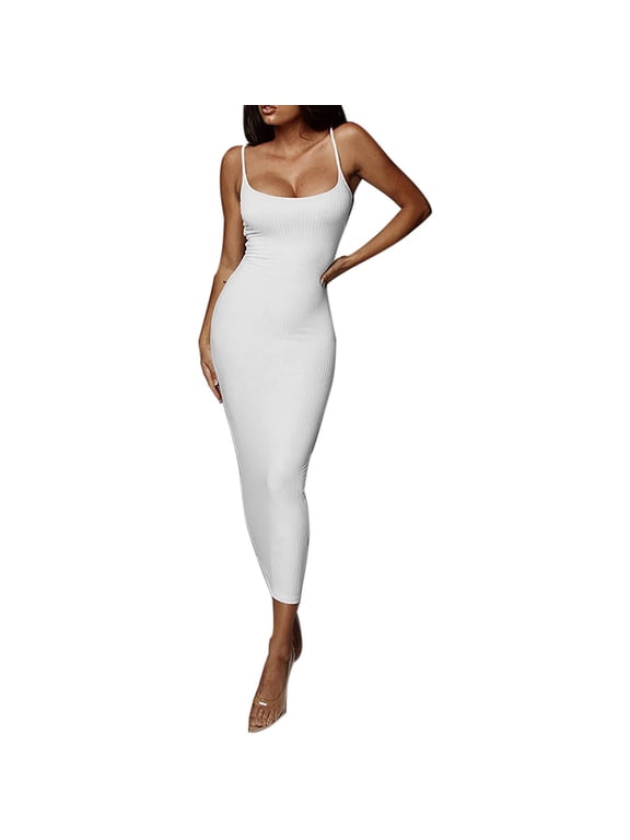 Tank Dresses for Women Slim Tight Ribbed Sleeveless Maxi Sundress Low Cut Spaghetti Strap Solid Color Long Dress (Large, White)