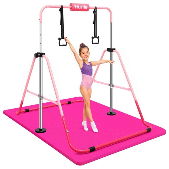 Hurtle Expandable Gymnastics Bar for Kids, 59-Inch Wide Adjustable Height Folding Pull Up Bar with Hanging Rings, Foam Pad, Triangle Frame, 145 lb Capacity