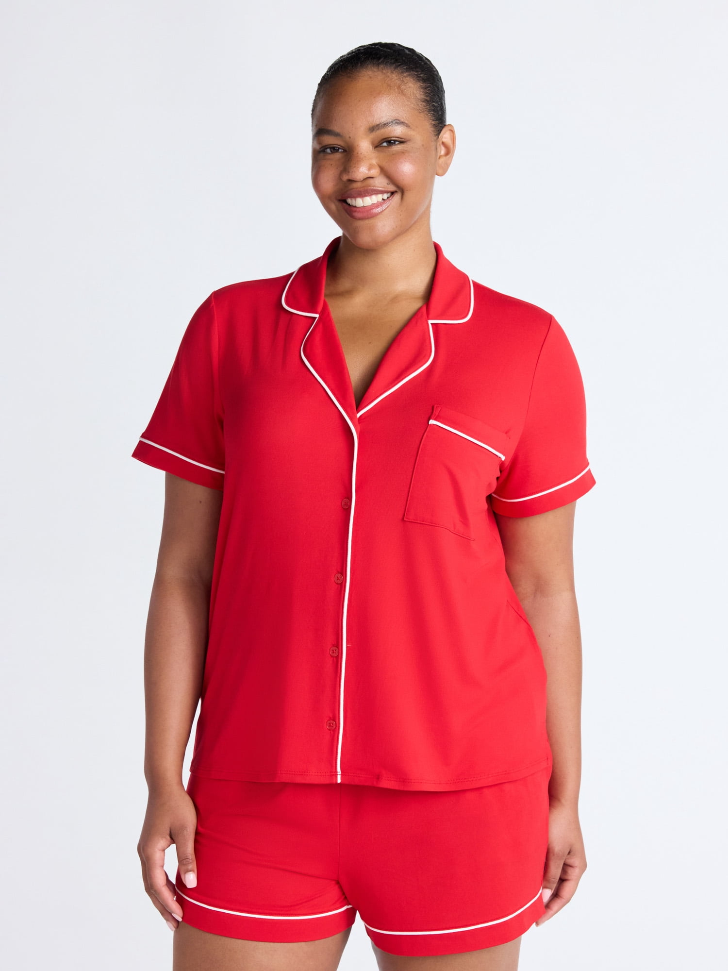 Joyspun Women’s Dreamy Soft Collection Notch Collar Knit Top and Boxer Shorts Pajama Set, Sizes XS-3X
