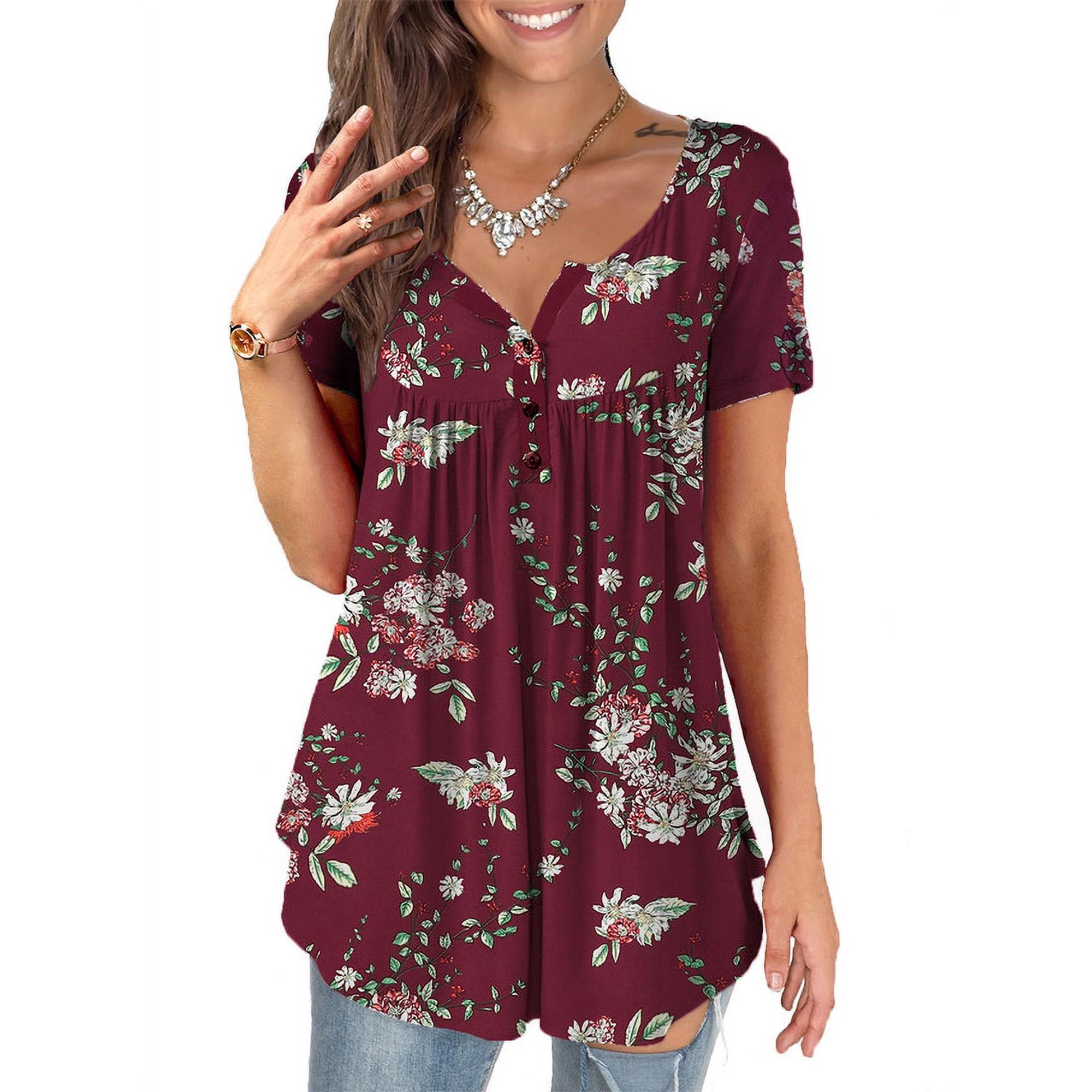 VERABENDI Womens Tops Plus Size Summer Short Sleeve Button V-Neck Henley Shirt Ladies Blouse (M-4xl)