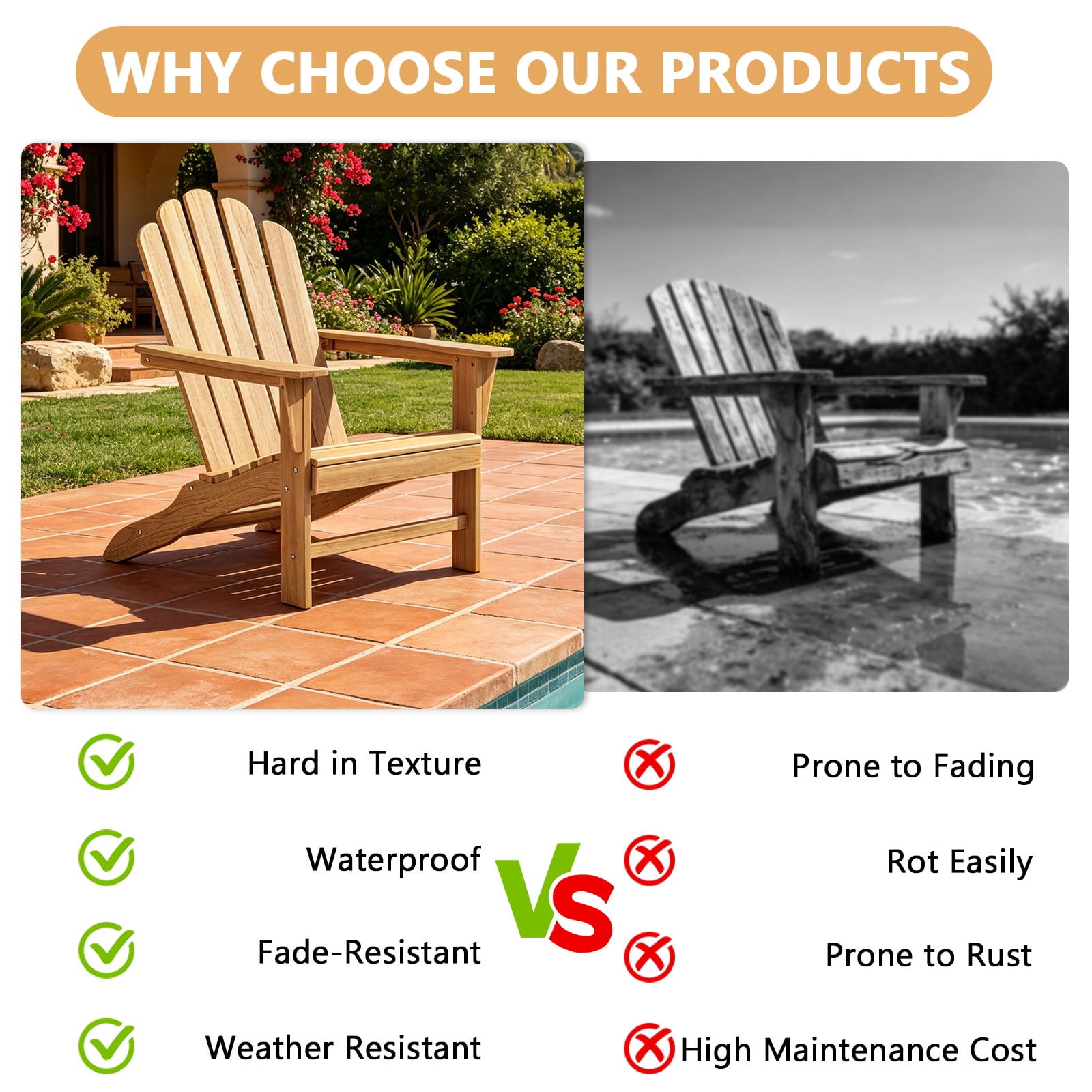 Outdoor Wooden Adirondack Chair, Teak Leisure Line Adirondack Chair All Weather Fire Pit Chair Suitable for Patio Lawn Gardens Terraces Poolside