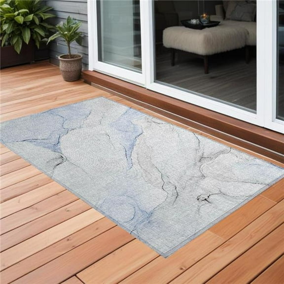 HomeRoots 560148 2 x 3 ft. Ivory Blue & Gray Abstract Washable Non Skid Indoor Outdoor Rectangle Machine Woven Area Rug