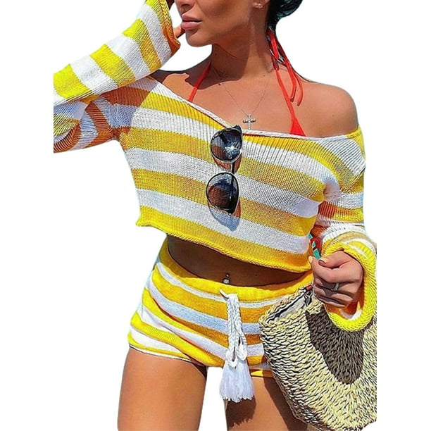 VISgogo, conjunto de piezas de punto a la moda para mujer, Tops cortos  con hombros descubiertos de Color sólido/rayas conjunto de pantalones
