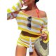 thumbnail image 2 of VISgogo, conjunto de 2 piezas de punto a la moda para mujer, Tops cortos con hombros descubiertos de Color sólido/rayas + conjunto de pantalones cortos con cintura elástica para mujer, S/M/L VISgogo  moda, 2 of 7