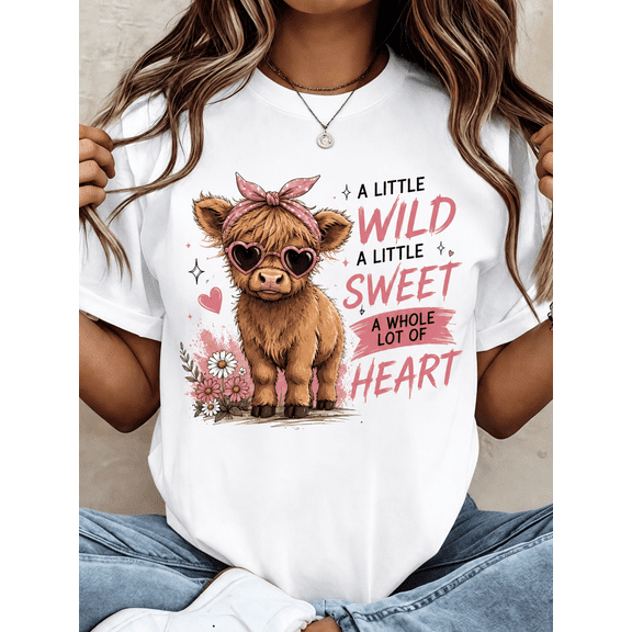 A Little Wild A Little Sweet A Whole Lot Of Heart Highland Cow Graphic T-Shirt Women Pink Bandana Heart Sunglasses Daisy Floral Country Western Farm Short Sleeve Tee