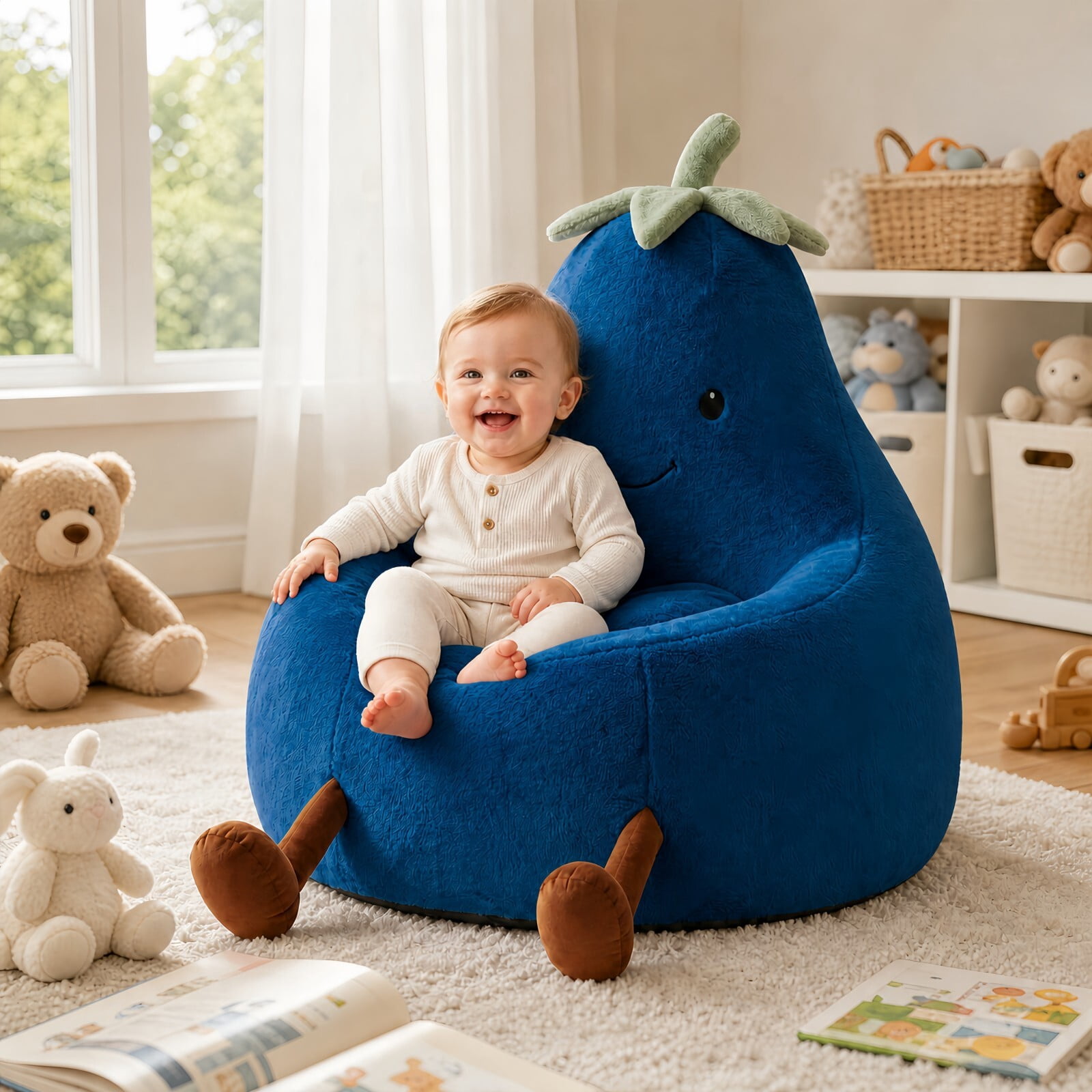 Kelno 31" Kids Bean Bag Chair Faux Rabbit Fur Lazy Chair Toddler Couch, Dark Blue