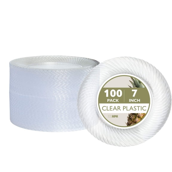 Ilyapa 100 Pack 7 Inch Disposable Dessert Plates, Plastic Clear Party Sets for 100 Guests, Clear Appetizer and Cake Plates 7", Party & Dinner Accessories, Round Smooth