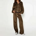 thumbnail image 2 of Annhoo Fall Velvet Outfits for Women Casual Long Sleeve Zipper up Jackets with Baggy Trousers 2 Piece Solid Color Sets, 2 of 9