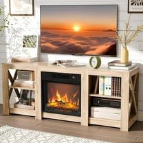 VINGLI Fireplace TV Stand up to 70 inch TVs, Farmhouse Entertainment Center with Electric Fireplace Heater & Adjustable Shelves, Fireplace Media Console Table, Natural Oak