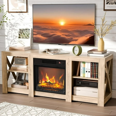 VINGLI Fireplace TV Stand up to 70 inch TVs, Farmhouse Entertainment Center with Electric Fireplace Heater & Adjustable Shelves, Fireplace Media Console Table, Natural Oak