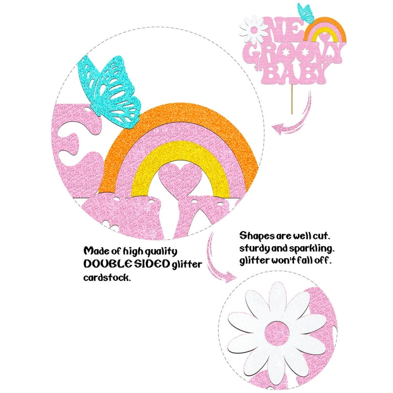 One Groovy Cake SCH4 Topper Decoration Glitter Pink First Decorations for 1st Birthday Girl Boy Baby Shower Retro Boho Rainbow Hippie Daisy Party Supplies