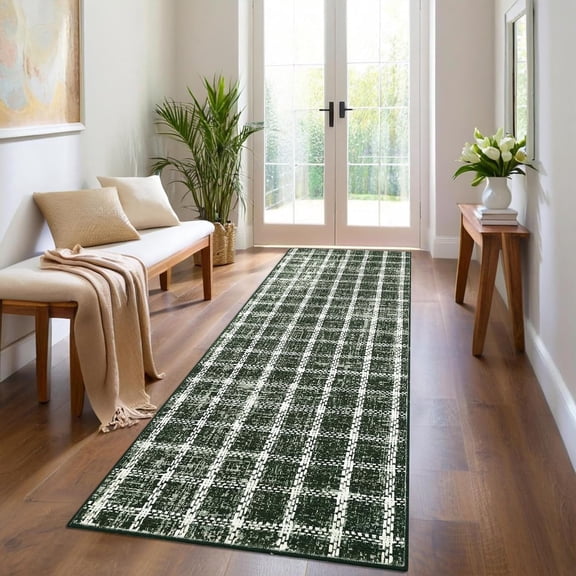 2x6 Runner Rug, Washable Low Pile Non Slip Indoor Carpet, Geometric Checkered Print Floor Runner for Kitchen, Hallway, Bathroom, Entryway,green